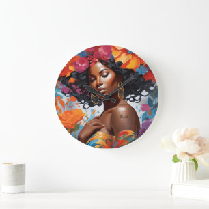 Relógio Grande Mulher Negra Africana-Americana Floreada
