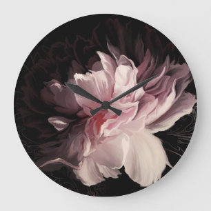 Relógio Grande Muro Escuro de Peony: Design de Flor Pintado