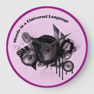 Relógio Grande Música - Idioma Universal - Rosa Preto