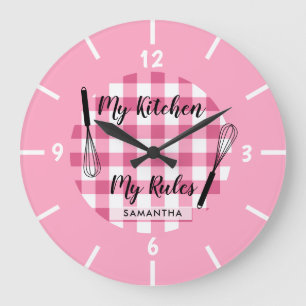 Relógio Grande My Kitchen My Rules Pink Gingham Farmhouse