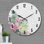 Relógio Grande Na moda Floral Watercolor Tropical<br><div class="desc">Um design tropical que abraça a beleza tranquila da natureza misturada com uma aresta lúdica. Uma mistura de folhas tropicais verdes calmantes, incluindo folhas de bananeira, palmas, folhas de monstera e plantas de princesa rosa, ao lado de flores de orquídeas roxas cor-de-roxo e flores de proteína, interligadas com várias outras...</div>