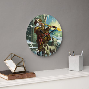 Relógio Grande Natal Antigo Papai Noel Telescópio Cachorro Pôr do