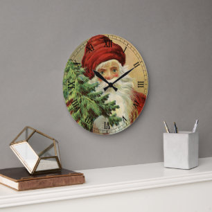 Relógio Grande Natal Antigo, Papai Noel Vitoriano com Árvore