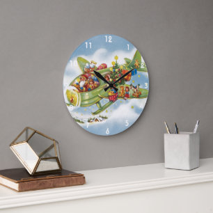 Relógio Grande Natal Antigo, Papai Noel Voando em um Avião