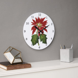 Relógio Grande Natal Antigo, Planta de Inverno Poinsettia Vermelh