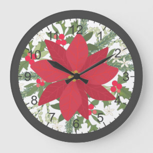 Relógio Grande Natal Floral de Poinsettia Vermelha