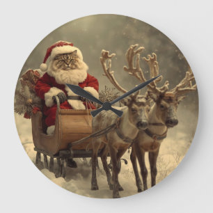 Relógio Grande Natal Papai Noel Gato Vintage Retro Inverno Rena