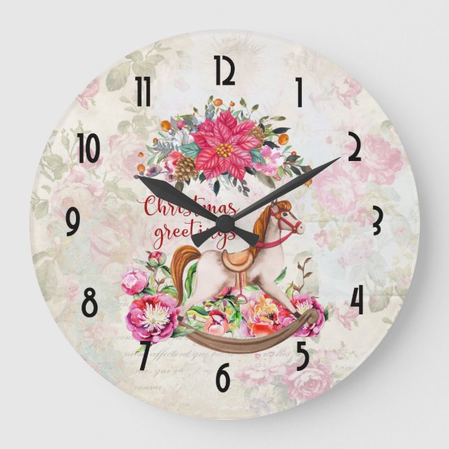 Relógio Grande Natal Vitoriano de Rocking Horse & Poinsettia (Frente)