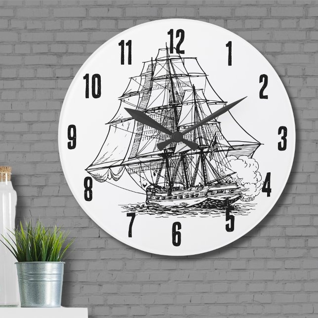 Relógio Grande Náutica Náutica Náutica Náutica Negra Simples Navi (Simple Black White Nautical Boat Pirate Ship Large Clock)