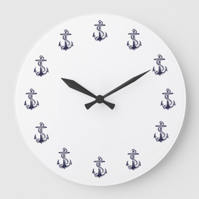 Relógio Grande Nautical Anchors, White Background Clock (Frente)