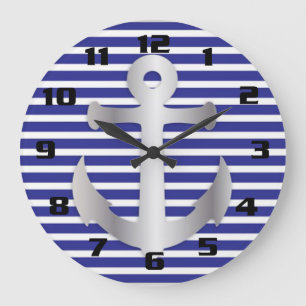 Relógio Grande Nautical Theme Blue Stripes Pattern Anchor