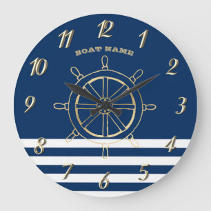 Relógio Grande Náutico, Roda de Barco Dourada, Listras Azul-Marin