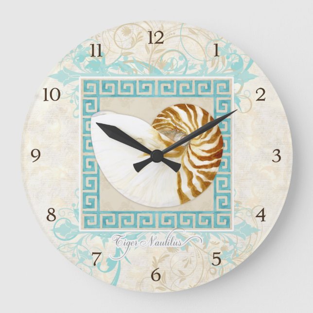 Relógio Grande Nautilus Shell Watercolor Grego Key Damask Beach (Frente)