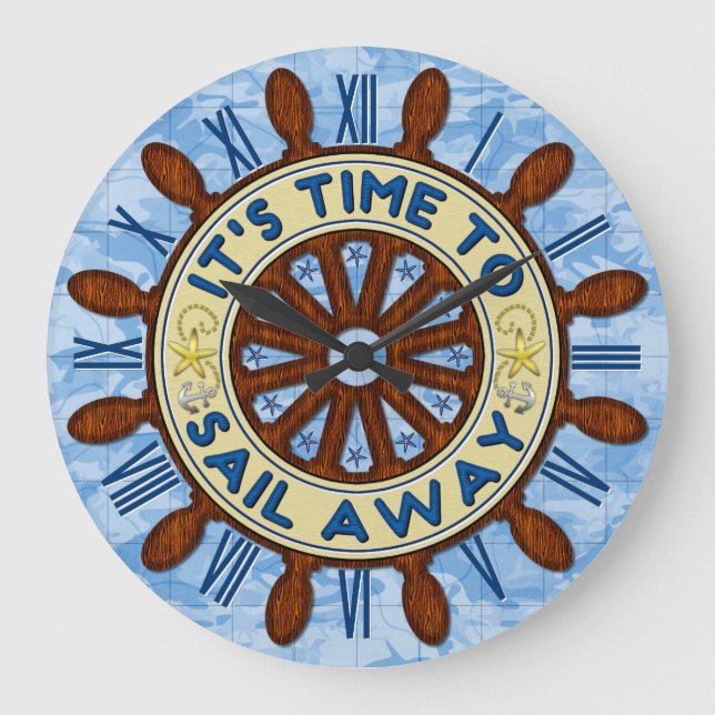 Relógio Grande Navio Helm Madeira Roda Azul Náutica Mapa Voa Long (Frente)