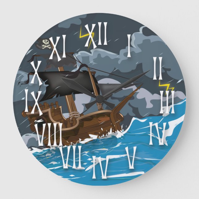 Relógio Grande Navio Pirata na Tempestade (Frente)