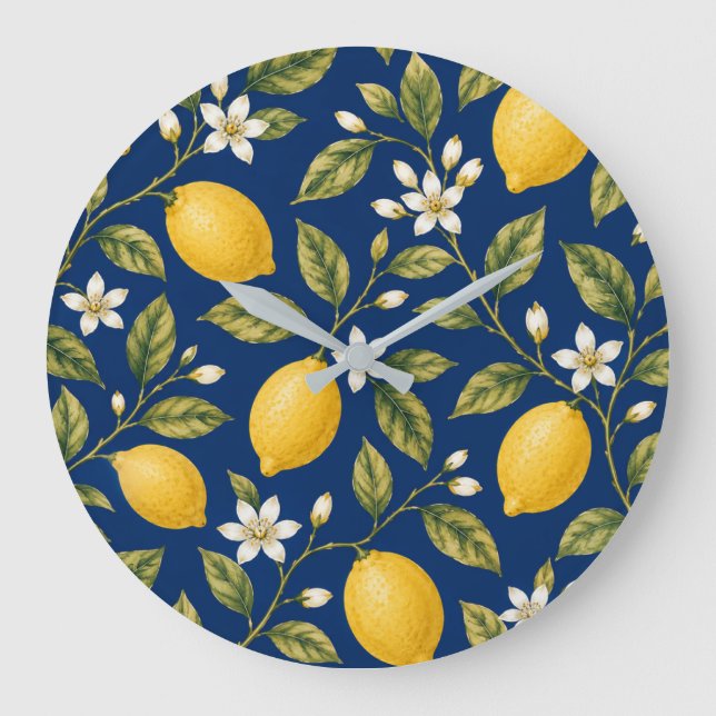 Relógio Grande Navy Blue Mediterranean Lemon Wall Clock (Frente)