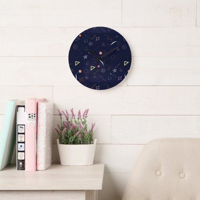Relógio grande Navy Blue Starry Night Doodle (Sala de leitura)