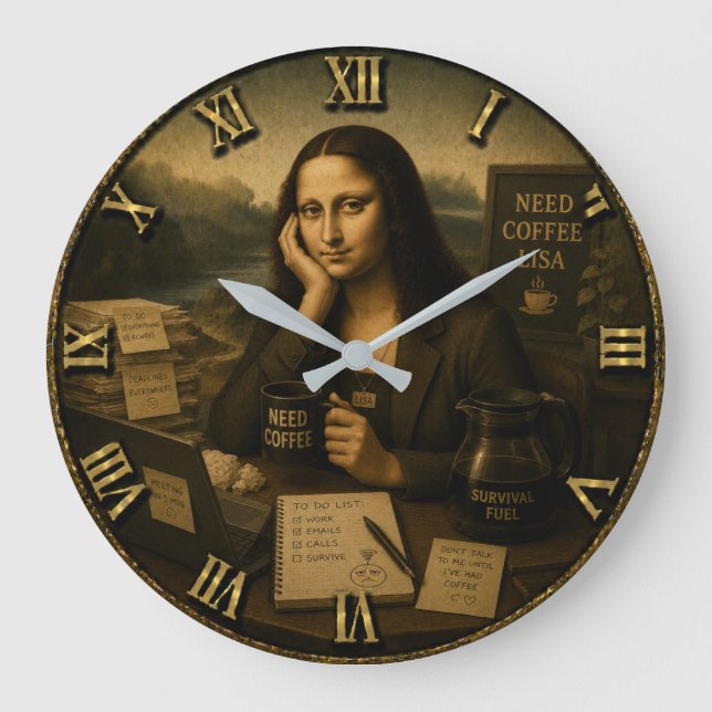 Relógio Grande Need Coffee Funny Mona Lisa Coffee Lover Gift  (Frente)