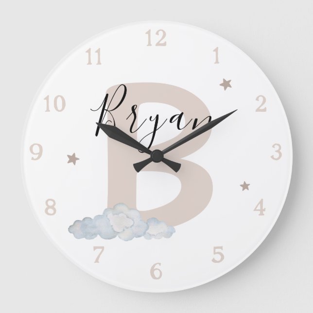 Relógio Grande Neutral Monogram Baby Name Wall Clock (Frente)