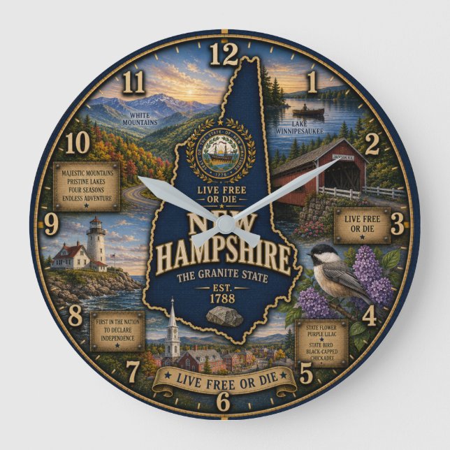 Relógio Grande New Hampshire Granite State Mountain Lake Rustic (Frente)
