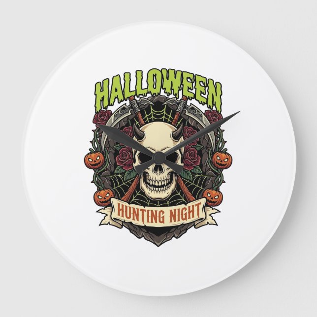 Relógio Grande Noite de Caça de Halloween Rosas de Caveira Cornud (Frente)