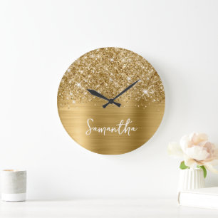 Relógio Grande Nome Branco Glam Glittery Dourado