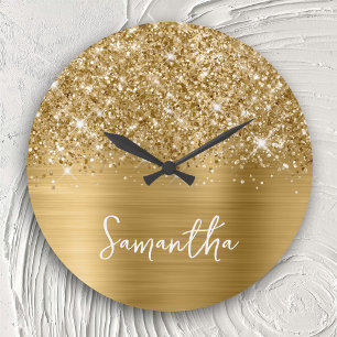 Relógio Grande Nome Branco Glam Glittery Dourado