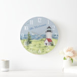 Relógio Grande Nome da Cena Costeira do Farol de Aquarela Encanta<br><div class="desc">Uma cena encantadora — o Charming Coastal White e Red Lighthouse — o pequeno veleiro a distância — personalizado com o nome da família,  como você quiser. Qualquer pergunta design apenas envie um bate-papo ou um e-mail para charmdesignstudio@rcn.com e ficaremos muito satisfeitos em ajudar.</div>