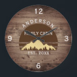 Relógio Grande Nome da Família de Árvores Retrópicas Russas de Ca<br><div class="desc">Transforme sua casa em um retiro aconchegante com nossa família Cabin Rustic Trees Family Name Large Clock. Este charmoso relógio traz a beleza rústica do excelente ao ar livre para o seu espaço vivo. Apresentando um design de inspiração vintagal com árvores retrógradas rústicas, ele adiciona um toque de nostalgia a...</div>