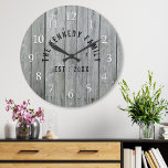 Relógio Grande Nome da Família de Farmhouse de Madeira cinza<br><div class="desc">Cinza Wood Family Name Farmhouse Wall Clock - Farmhouse style wall clocks for the perfeito para dar à sua cozinha uma aparência de decoração por país.Personalize com o nome da família e estabeleça o ano para um relógio único na casa.</div>