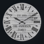 Relógio Grande Nome da família de madeiras em relevo russo Numera<br><div class="desc">Este design personalizado, único e bonito apresenta um fundo de madeira rústico e aflita com seu nome familiar e ano estabelecido na tipografia negra. Personalize este relógio adicionando suas próprias informações pessoais da família. Faz um excelente de casamento, aniversário ou presente de inauguração. Clique em "personalizar este modelo" para alterar...</div>