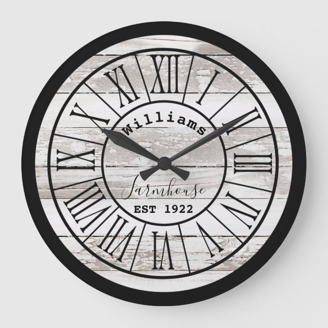 Relógio Grande Nome da Família Farmhouse de Madeira Branca Distan (Frente)