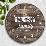 Relógio Grande Nome da Família Personalizada de Grãos de Madeira<br><div class="desc">Diversão,  design personalizada. Faz o presente perfeito para um casamento,  casamento ou qualquer ocasião! Faux,  design de grão de madeira escura com o nome da sua família e ano,  estabelecido personalizado frente e centro.</div>