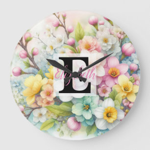 Relógio Grande Nome do monograma em Flores de aquarela em pastéis