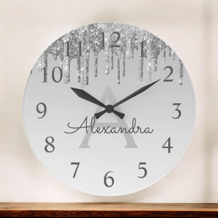 Relógio Grande Nome e inicial do monograma do Silver Sparkle Glit