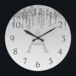 Relógio Grande Nome e inicial do monograma do Silver Sparkle Glit<br><div class="desc">Silver Ombre Derrubando Minigrama Glitter Nome do Monograma e Relógio de Parede de Serviço Inicial. O Relógio de Parede é o presente perfeito para alguém que ama brilho prateado.</div>