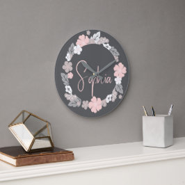 Relógio Grande Nome Floral Personalizado Rosa