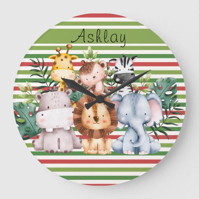 Relógio Grande Nome Personalizado Animais Selgle Safari Ao Redor  (Frente)