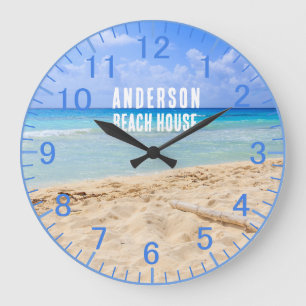 Relógio Grande Nome Personalizado Blue Sand Beach Clock