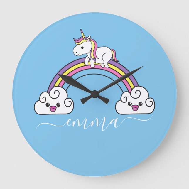 Relógio Grande Nome Personalizado Cute Rainbow Unicorn (Frente)