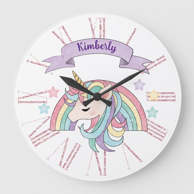 Relógio Grande Nome Personalizado de Pastel Cónico Unicorn e Arco (Frente)