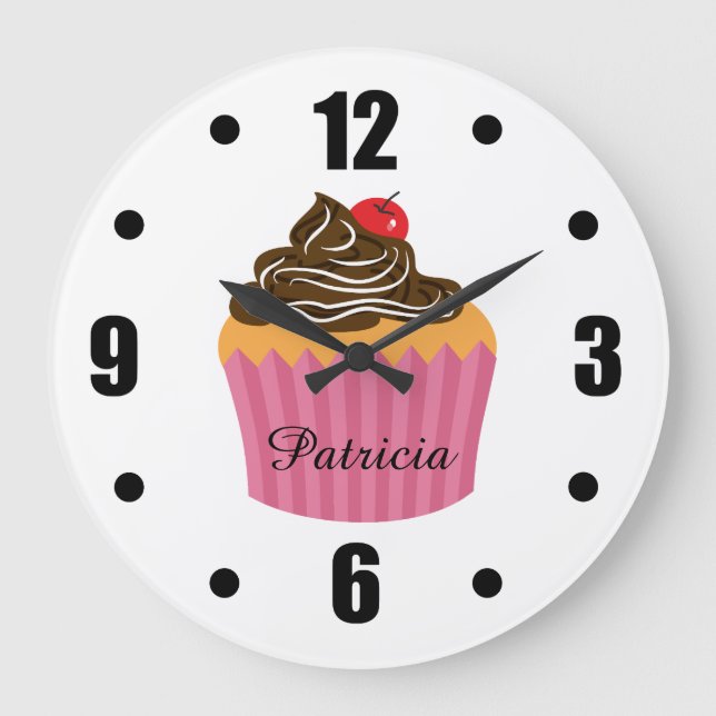 Relógio Grande Nome Personalizado do Cupcake Rosa-Cons (Frente)
