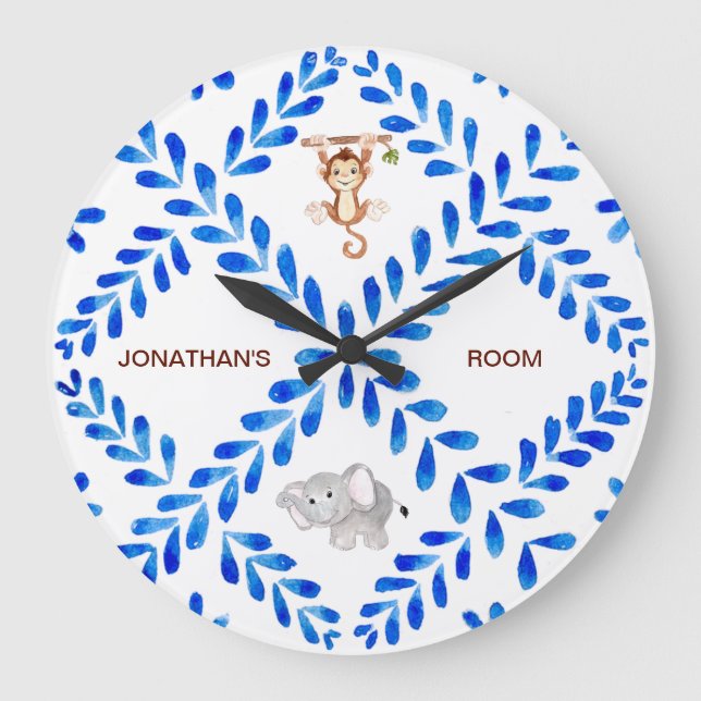 Relógio Grande Nome personalizado do elefante macaco azul e branc (Frente)