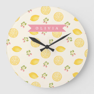 Relógio Grande Nome Personalizado Floral de Limão de Verão Custom