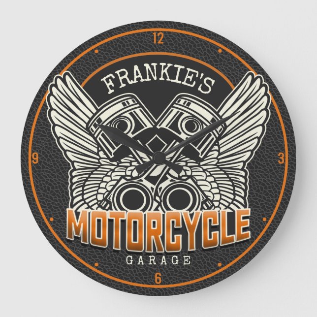 Relógio Grande Nome Personalizado Pistões Asas Motociclismo Garag (Frente)