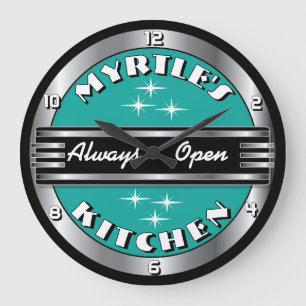 Relógio Grande Nome Personalizado Retro '50 Kitchen Diner Clock -