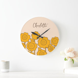 Relógio Grande Nome Personalizável de Girassóis Amarelos