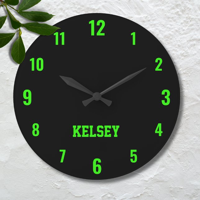 Relógio Grande Nome preto clássico e elegante e verde neon (Criador carregado)