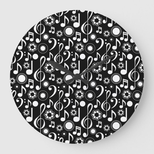 Relógio Grande Notas e Clefs de Música - Branco em Preto (Frente)
