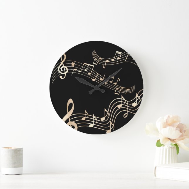 Relógio Grande Notas Musicais Douradas em Preto Médio (Lar)
